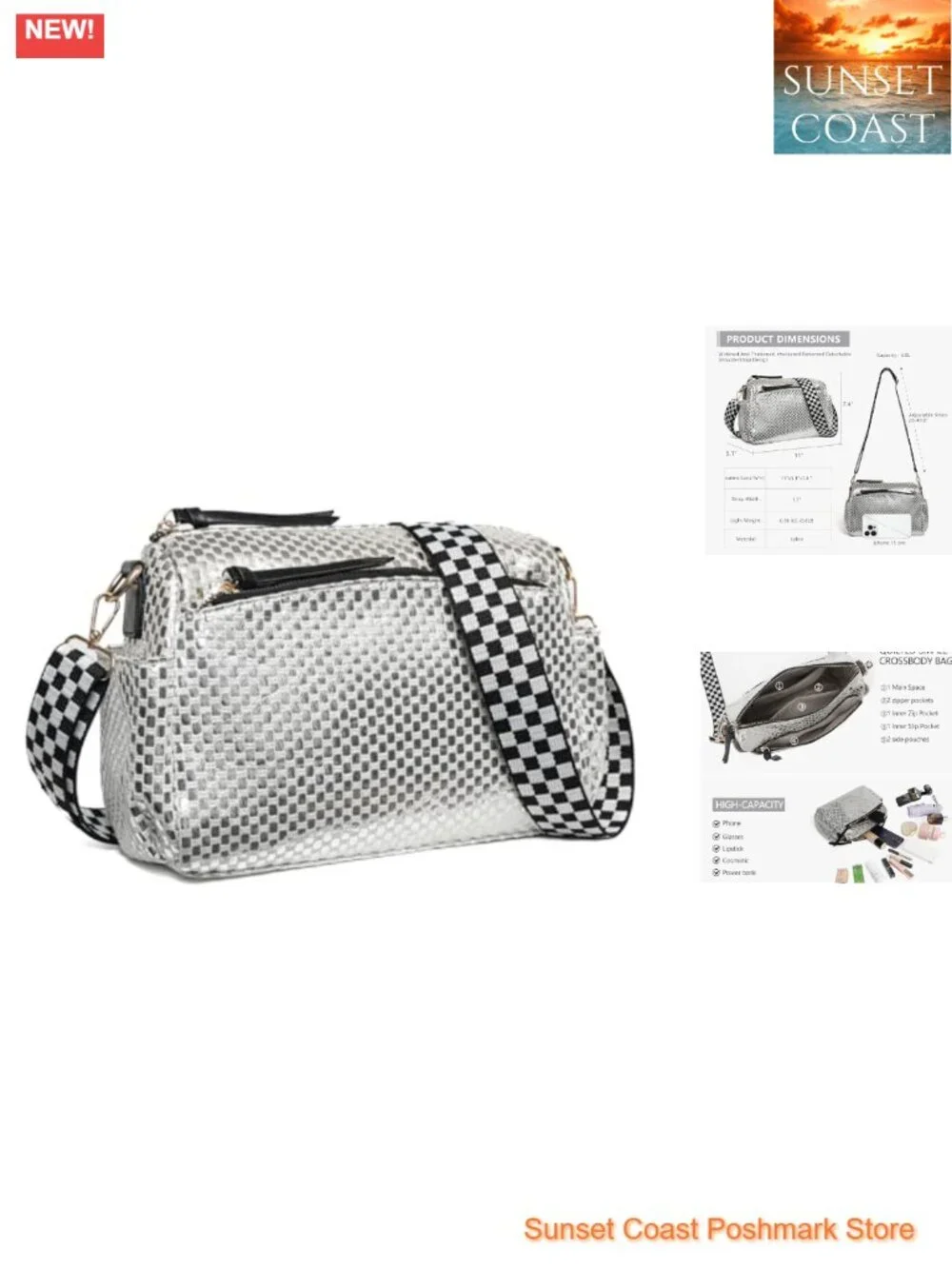 Checkered Crossbody Bag with Adjustable Strap | Nylon Quilted Purse 3 Zips for